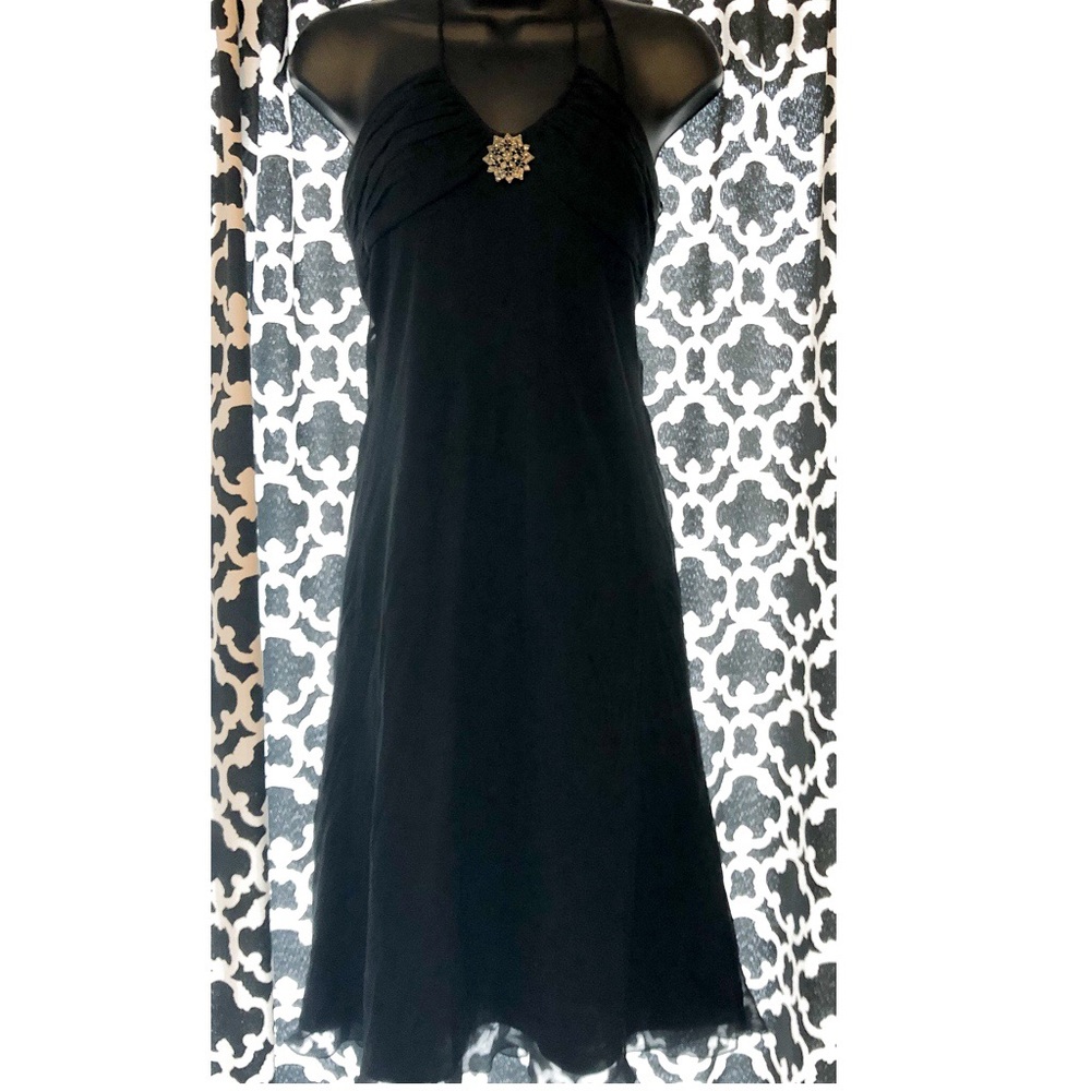 Express Black Tie Halter Crystal Brooch Dress